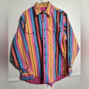 VTG Wrangler Brushpopper Shirt Mens 17.5 35 Pink Blue Stripe Western Rodeo Neon